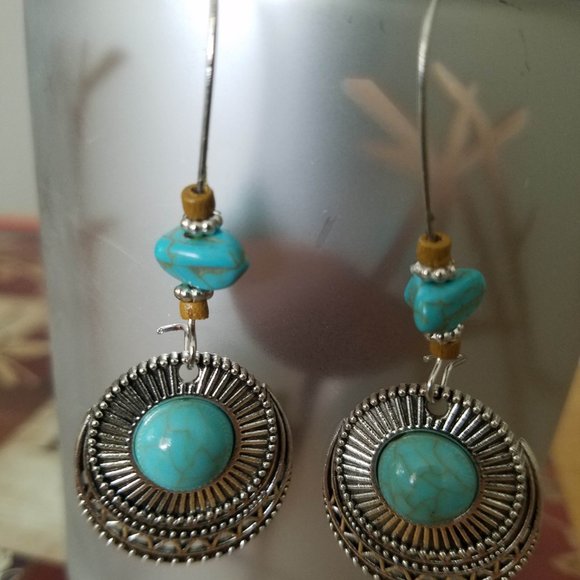 Bohemian Boho Chic Stylish Drop Earrings Faux Turquoise Stones - Picture 2 of 2